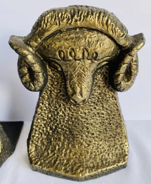 RAM HEAD Vintage Heavy Brass Bronze Cast Metal  Bookends Sculptures Set 14x9cm 3