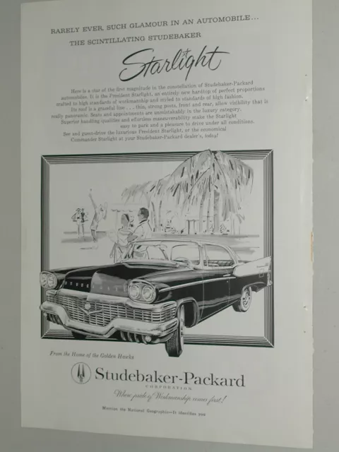 1958 STUDEBAKER advertisement, Studebaker President Starlight, B&W drawing