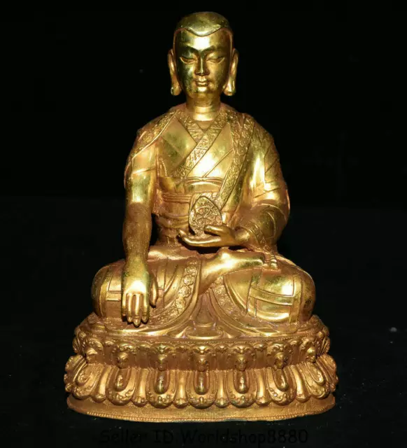 8" Old Tibet Buddhism Temple Copper Gilt Guru Lama Je Tsongkhapa Buddha Statue