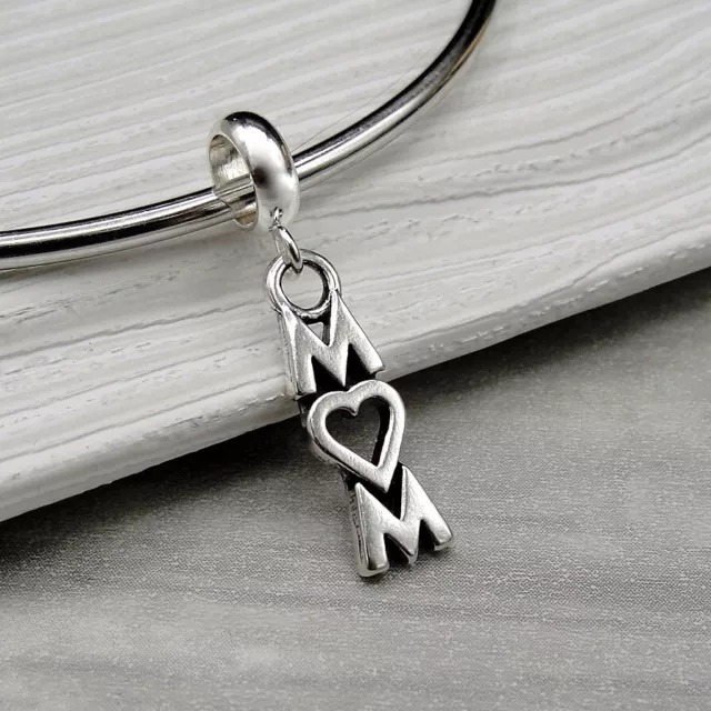 925 Sterling Silver Mom Heart Dangle Bead Charm - fits European Bracelets
