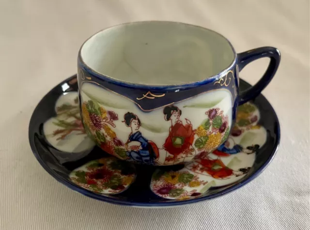 Antique Japanese Porcelain Cup and Saucer Geisha Girls Cobalt Blue Hand Painted