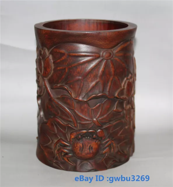 Collect Vintage old Chinese Bamboo hand-carved Crab Brush Pots Pen holder 21336