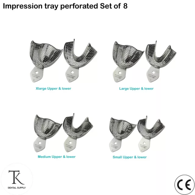 Set Of 8 - Dental Orthodontics Impression Trays Perforated Metallic Rim Lock New
