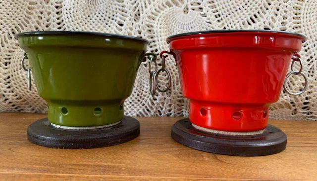 Two Vintage Mini-Hibachi Japanese Style Iron Charcoal Grill Wood Base