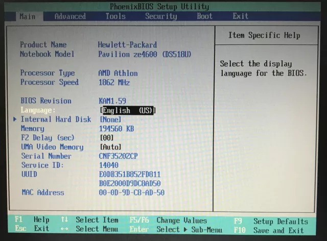 HP Pavilion ZE4600 AMD Athlon 1.8 GHz 194MB NO HDD Boot to BIOS