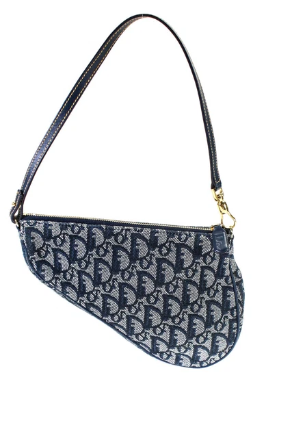 Christian Dior Womens Monogram Print Satchel Shoulder Handbag Denim Blue