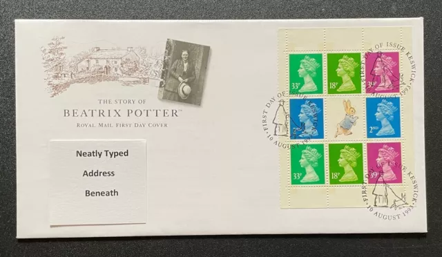 1993 Beatrix Potter Booklet Pane FDC. With Keswick Special Handstamp.