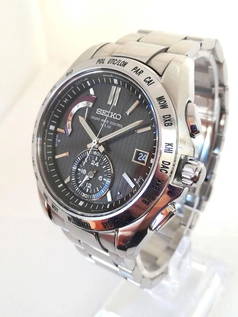 SEIKO BRIGHTZ 8B54 Black Solar Radio Wave Watch 45mm Japan