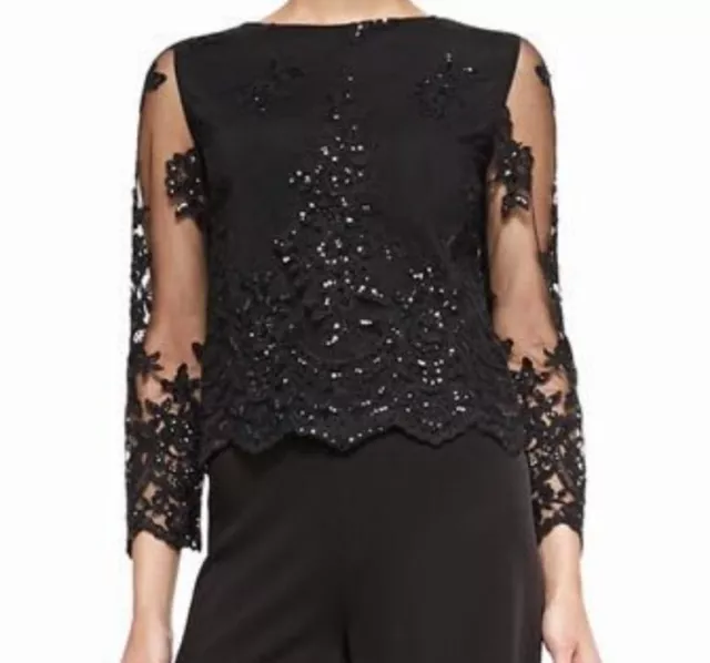 Alice + Olivia Ava Sheer-Sleeve Embroidered Sequined Top Size 8 Black worn once