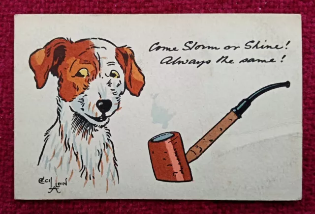 Comic Postcard. Cecil Aldin Art.  Dog & Pipe