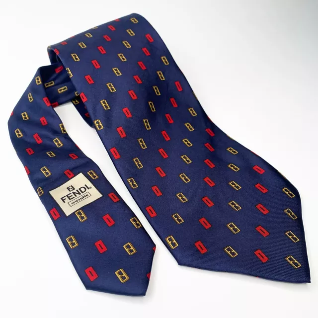 Vintage Fendi Cravatte 100% Silk Necktie Navy Blue FF Monogram Logo 3 7/8"