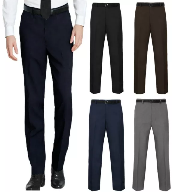 Mens Belted Trousers Formal Casual Smart Office Business Dress Pants Trousers