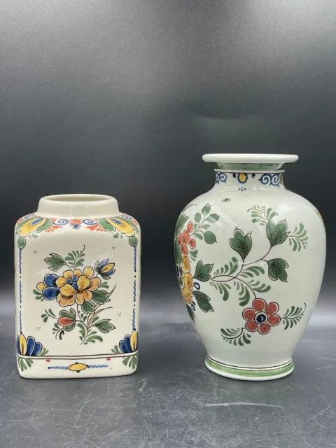 2X Old Antique Original Delft Polychrome RAAM Vase Table Vase Vintage Hand... 2