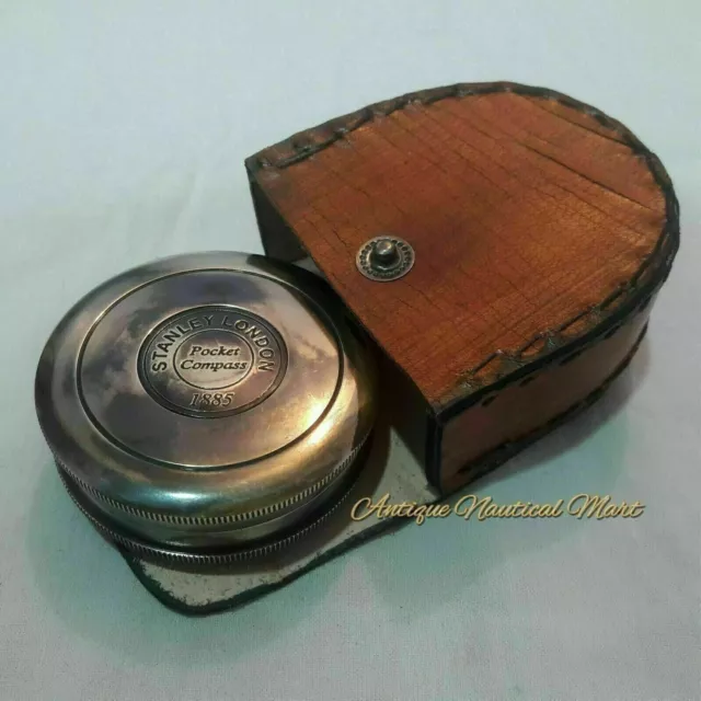 Compass Vintage Nautical Brass Stanley London 1885 With Leather Box Gift Item