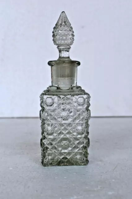 Vintage Perfume Bottle Clear Pressed Glass With Stopper Pointed Diamond Cut Desi
