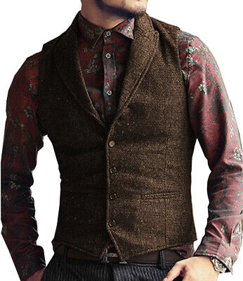 Brown Mens Tweed Waistcoat Herringbone Retro Vest Vintage Peak Notch Lapel S-3XL