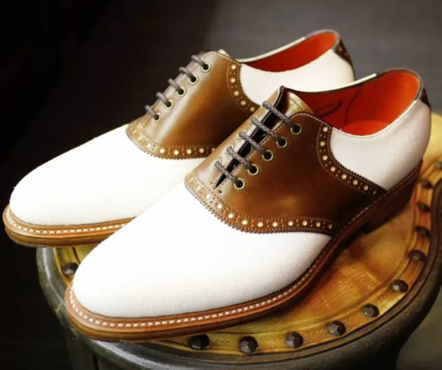 Handmade Two Tone Brown & White Leather Oxford Brogue Lace Up Shoes