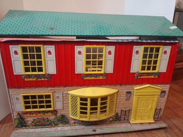 Vintage Marx Metal Tin Two Story Doll House 5 Rooms With Furniture