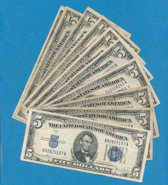 10-$5.00 1934-1953 Mixed Series Blue Seal Silver Certificates Circulated