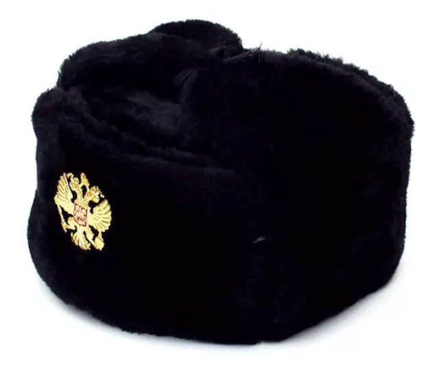 Authentique Russe Militaire Noir Ouchanka Chapeau Soviet Imperial Aigle Badge