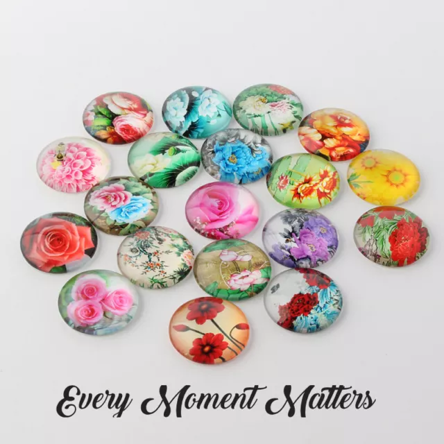 10 x FLOWER PRINTED GLASS FLAT BACK HALF ROUND DOME CABOCHONS Sold as Pairs 12mm