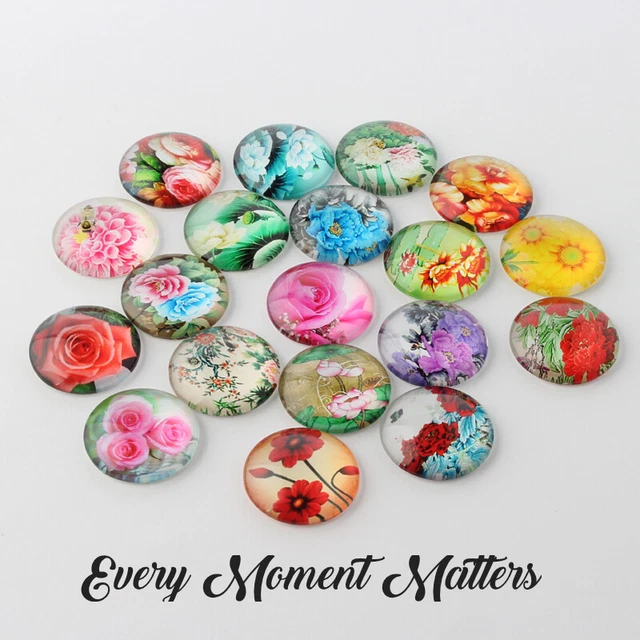 10 x MIXED FLOWER PRINTED GLASS FLAT BACK HALF ROUND DOME CABOCHONS 12mm