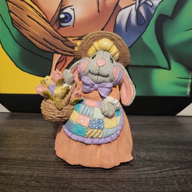 RARE Rabbit In Dress Basket Of Flowers Music Box Plays You Are My Sunshine