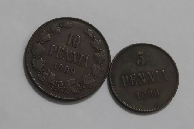 🧭 🇫🇮 Finland Under Russia 10 Pennia 1909 + 5 Pennia 1888 B58 #25 Cg34