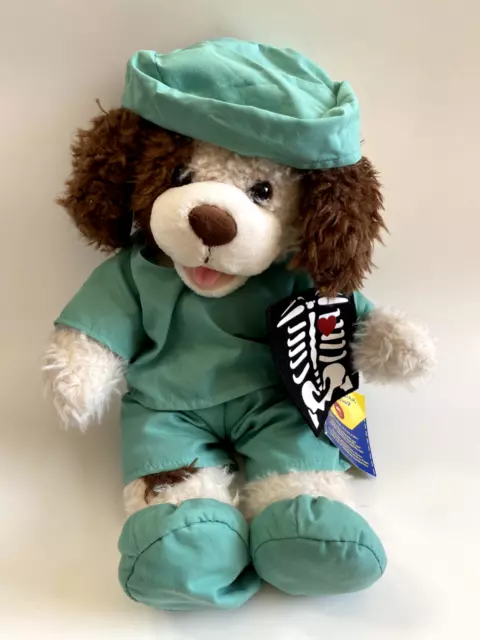 Build a Bear White Brown Spots Dog 15" Plush, Surgeon Doctor Outfit + Xray, NEW,