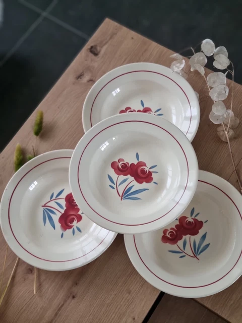 Lot De Quatre Assiettes Creuse Badonviller Motif Fleurs Vintage