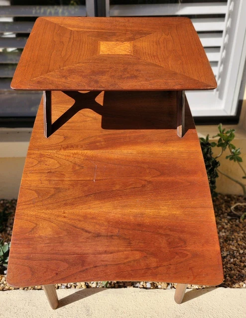 Mid Century Modern Inlaid Walnut & Birdseye Step Back 2 Tier End Table