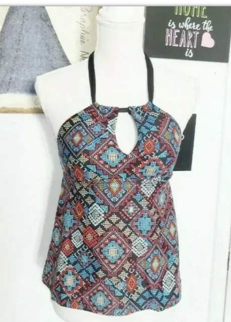 Black Red Printed Tankini Top S Halter-Neck Tie-Back Remobable-Cup