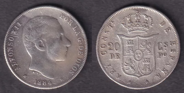 1884 Spanish Philippines 20 Centimos ALFONSO XII SILVER Coin Stock #B2