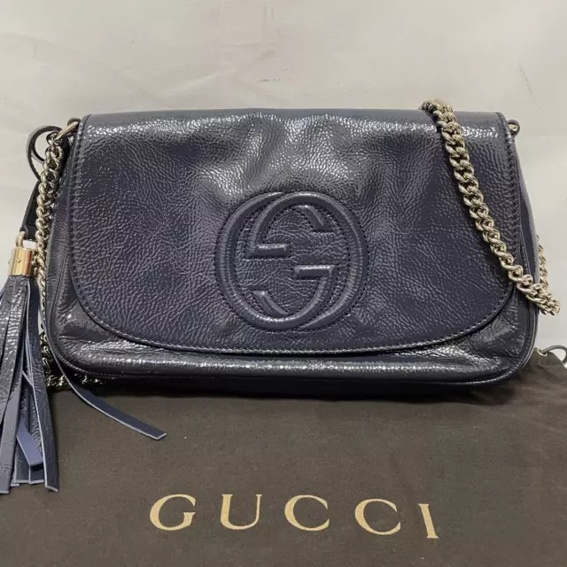 GUCCI 336752 SOHO Chain Leather Enamel Shoulder Bag Black Authentic ...