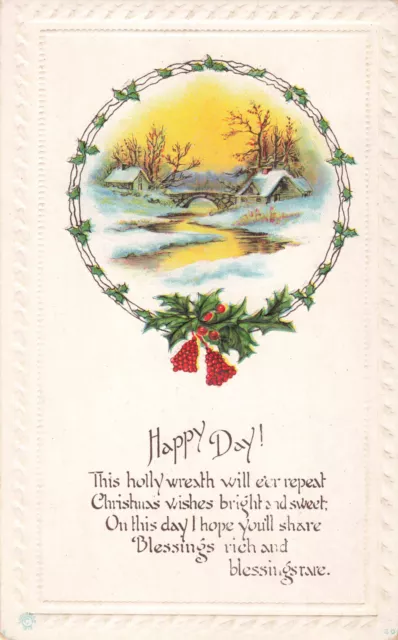 Postcard Christmas Happy Day Holly Wreath Wishes Bright And Sweet Embossed DB