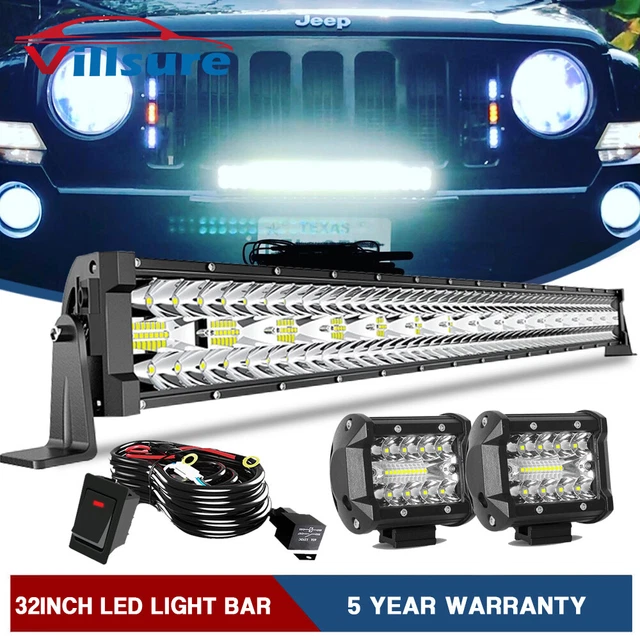 32" Straight Led Light Bar + 4" Pod Fit Grille Bumper For Jeep Cherokee XJ 84-01