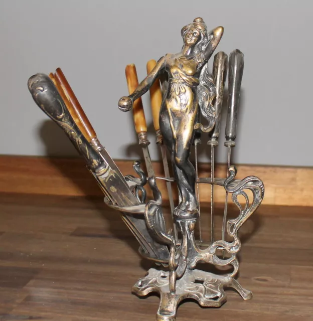 Antique Art Nouveau silver plated brass nude woman figurine holder 12 knives