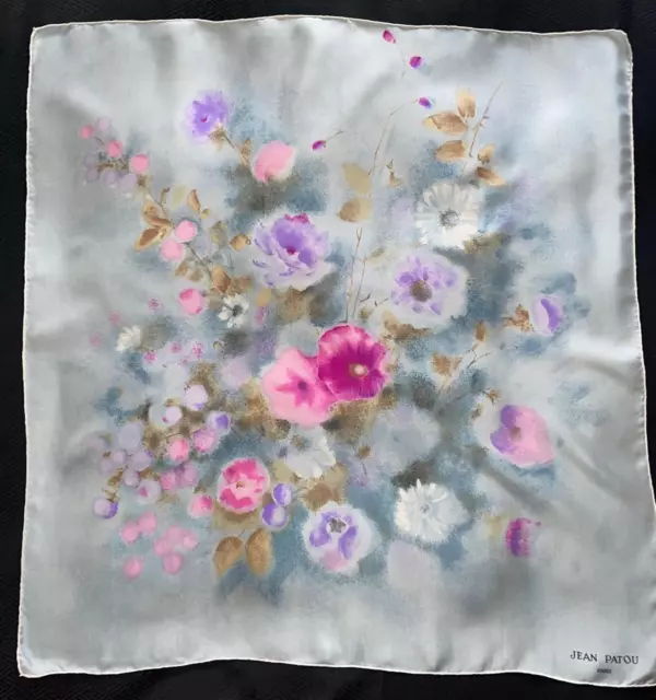 JEAN PATOU Paris Vintage Silk Twill Scarf Painterly Watercolour Flowers 30ins Sq