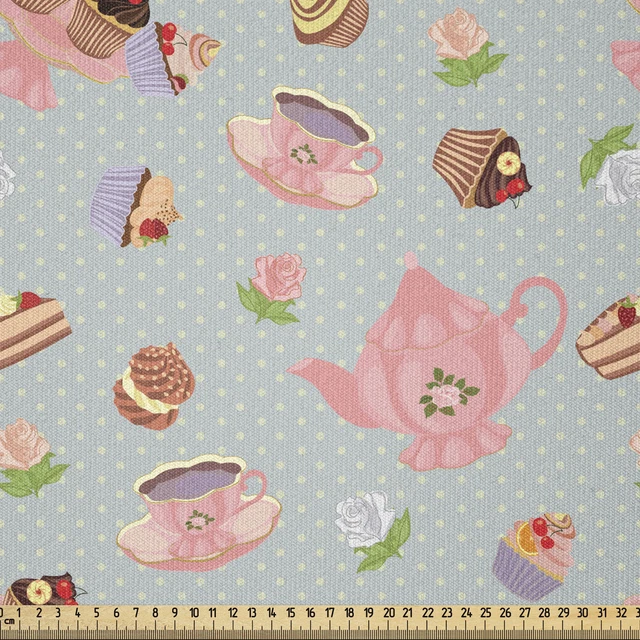 Tee Party Stoff als Meterware Blumen und kleine Kuchen
