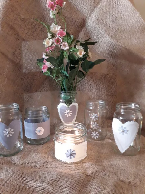 6 upcycled Jars for Wedding Table Centrepiece in Grey and White candles/Flowers