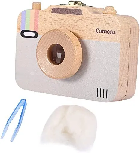 Wooden Simulation Camera Toy Tooth Storage Box,Baby Milk Teeth Hair Holders Pres