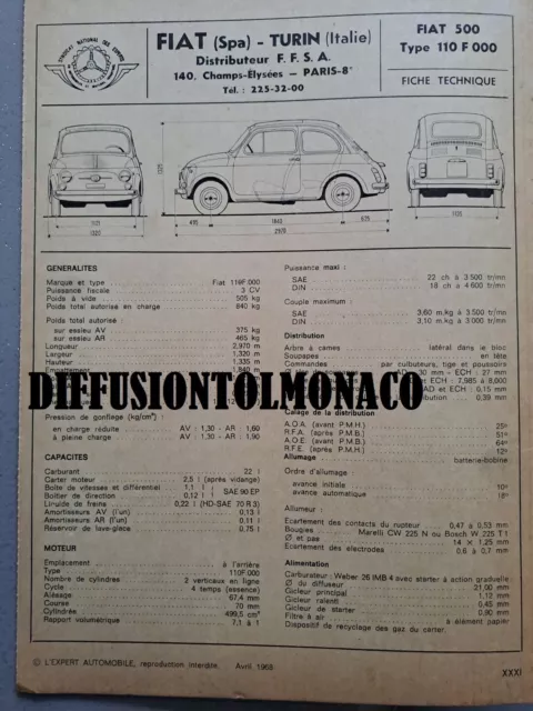 Fiche technique automobile RTA FIAT 500 type 110 F 000 AVRIL 1968