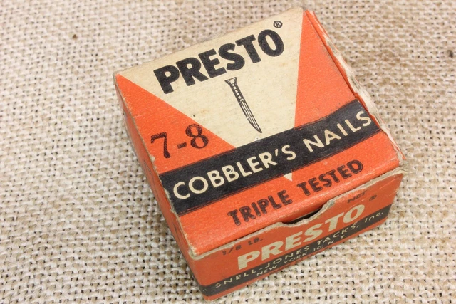 3/4” old Presto Shoe NAILS 25 Tacks 1/8” square Flat headed vintage BOX Cobblers
