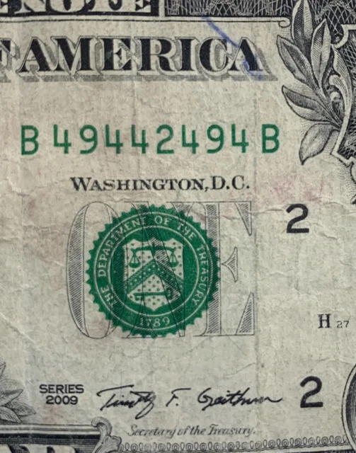 Fancy Serial Number Series 2017 One Dollar Note Five of Kind 4s plus two 9's A4
