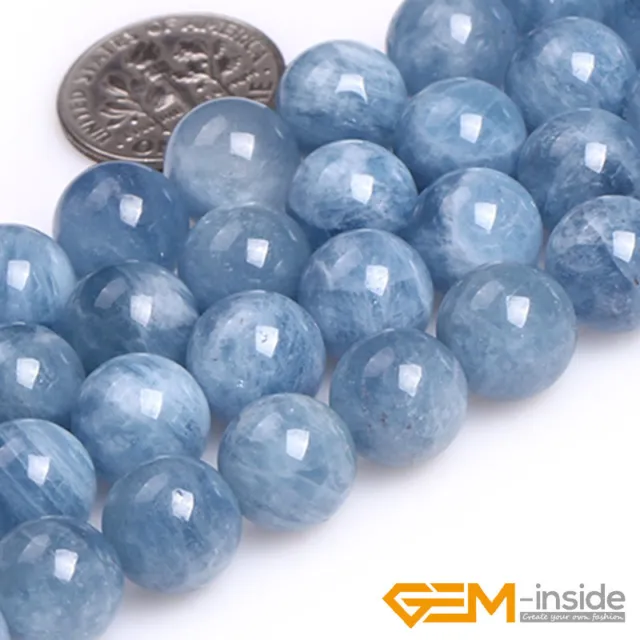 Natural Blue Aquamarine Gemstone Round Loose Spacer Beads For Jewelry Making 15" 2