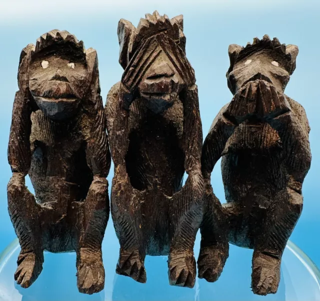 Old African Hand Carved Three Wise Monkeys Sculptures Hear Speak See No Evil 3”