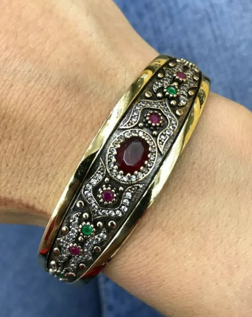 925 Sterling Silver Handmade Gemstone Turkish Ruby Bangle Bracelet Cuff