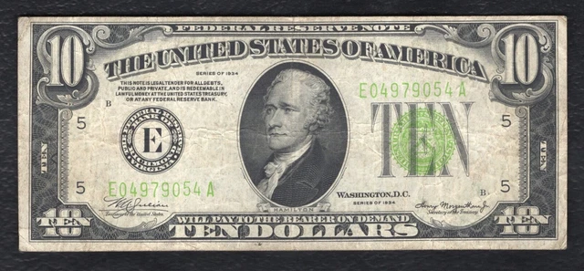 1934 $10 Lgs Light Green Seal Frn Federal Reserve Note Richmond, Va Very Fine