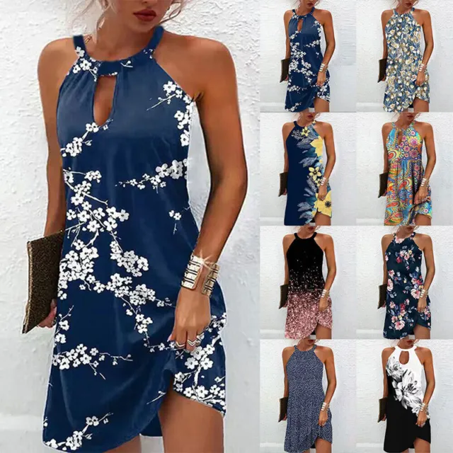 Sundresses for Women Casual Summer - Beach Dresses for Women Casual Summer  Sleeveless Knee Length Midi Dress Boho Floral Strappy Halter Neck Tunic  Dress 