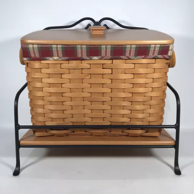 LONGABERGER Newspaper Basket Wrought Iron Stand Liner Protector Wood Shelf & Lid